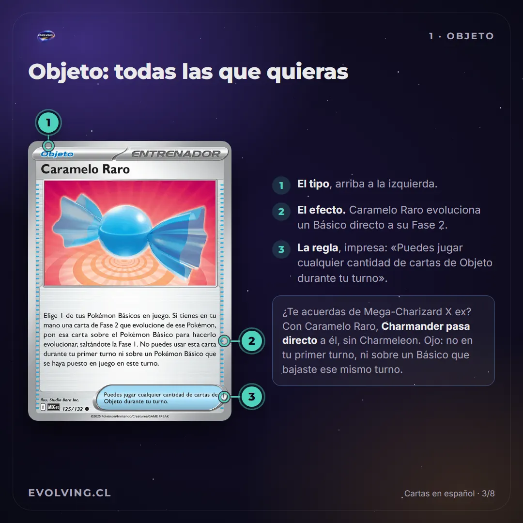 Carta de Objeto Caramelo Raro en español, con marcas en el tipo, el efecto y la regla impresa abajo
