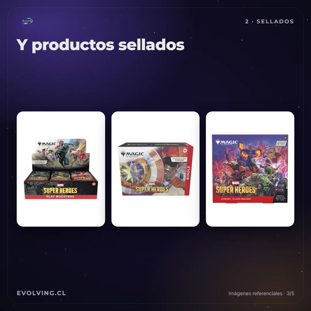 Una caja de Play Boosters, un Bundle y una Scene Box de Marvel Super Heroes de Magic